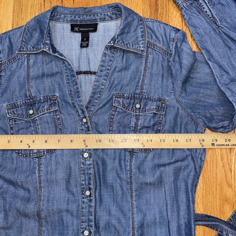 INC Denim Dress 6 Western Cowgirl W/Tie Belt L-sleeve Button Front Indigo Boho - Picture 7 of 11